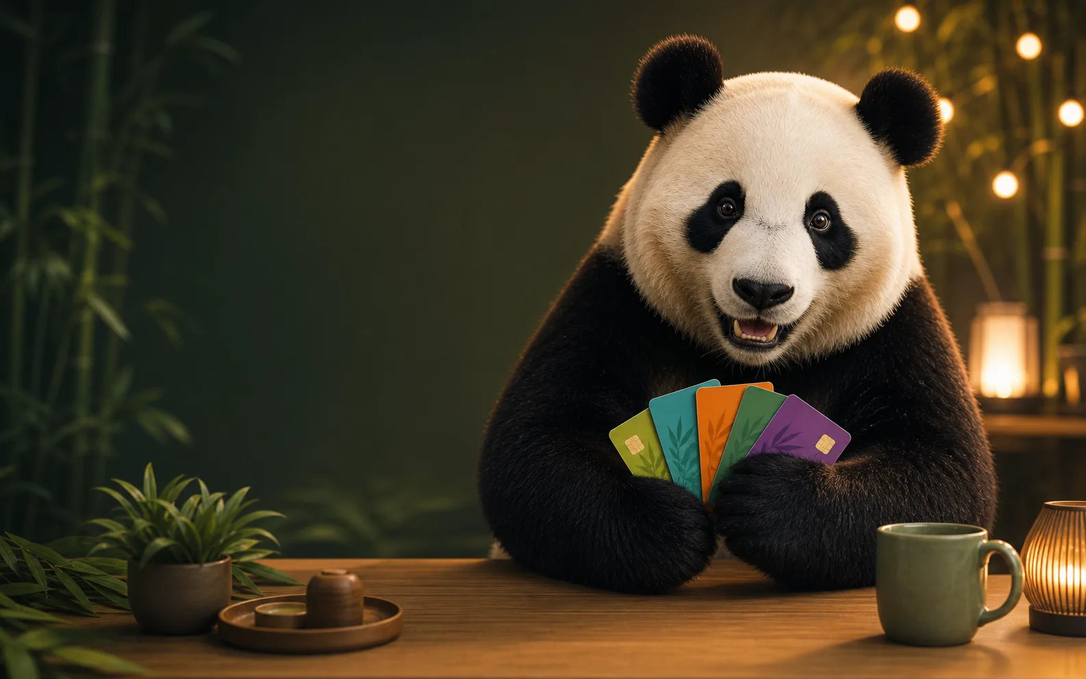 Panda holding reward cards