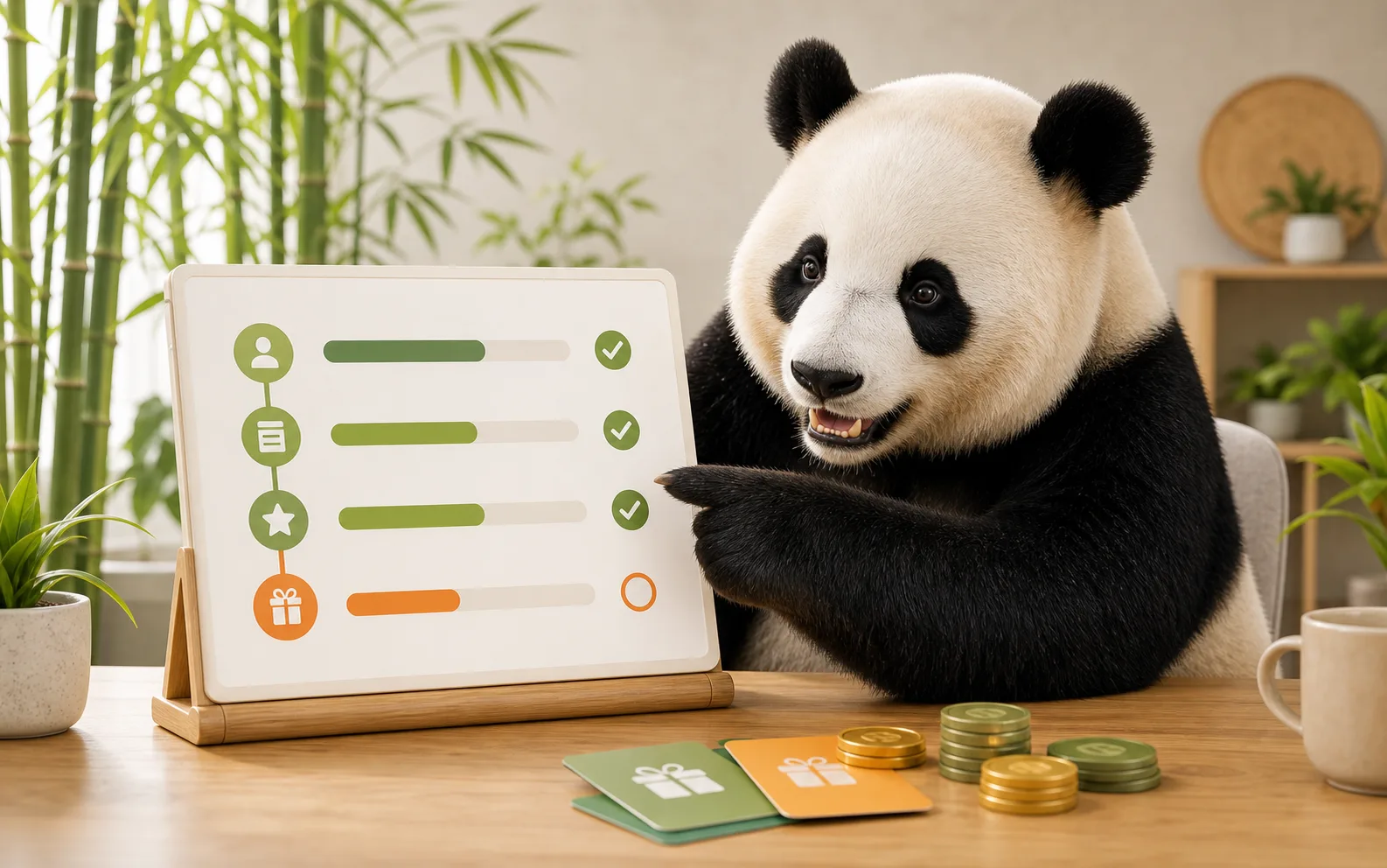 Panda reviewing a reward path